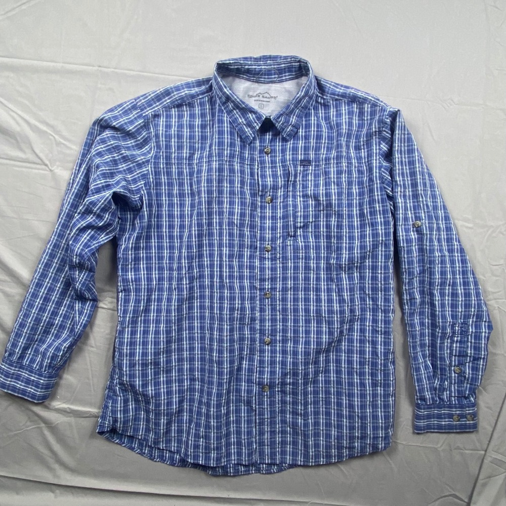 Eddie Bauer Mens Blue‎ Plaid Vented Fishing Shirt Lightweight Breathable Large